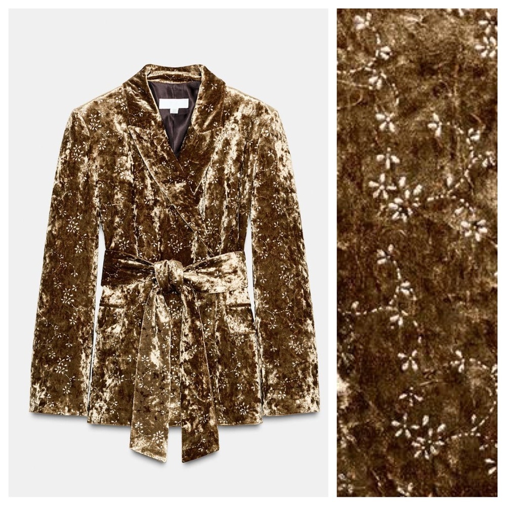 NWOT. Zara Golden Metallic Thread Velvet Lapel Collar Blazer. Size S.